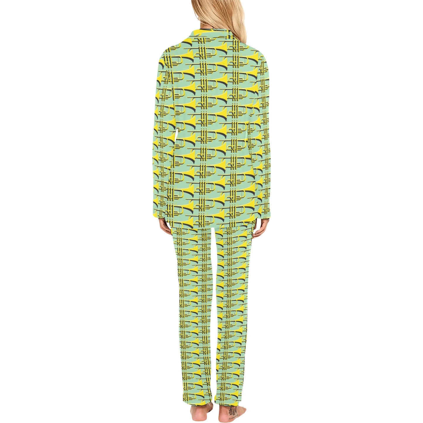 Trumpet Vintage Design Print Women's Long Pajama Set