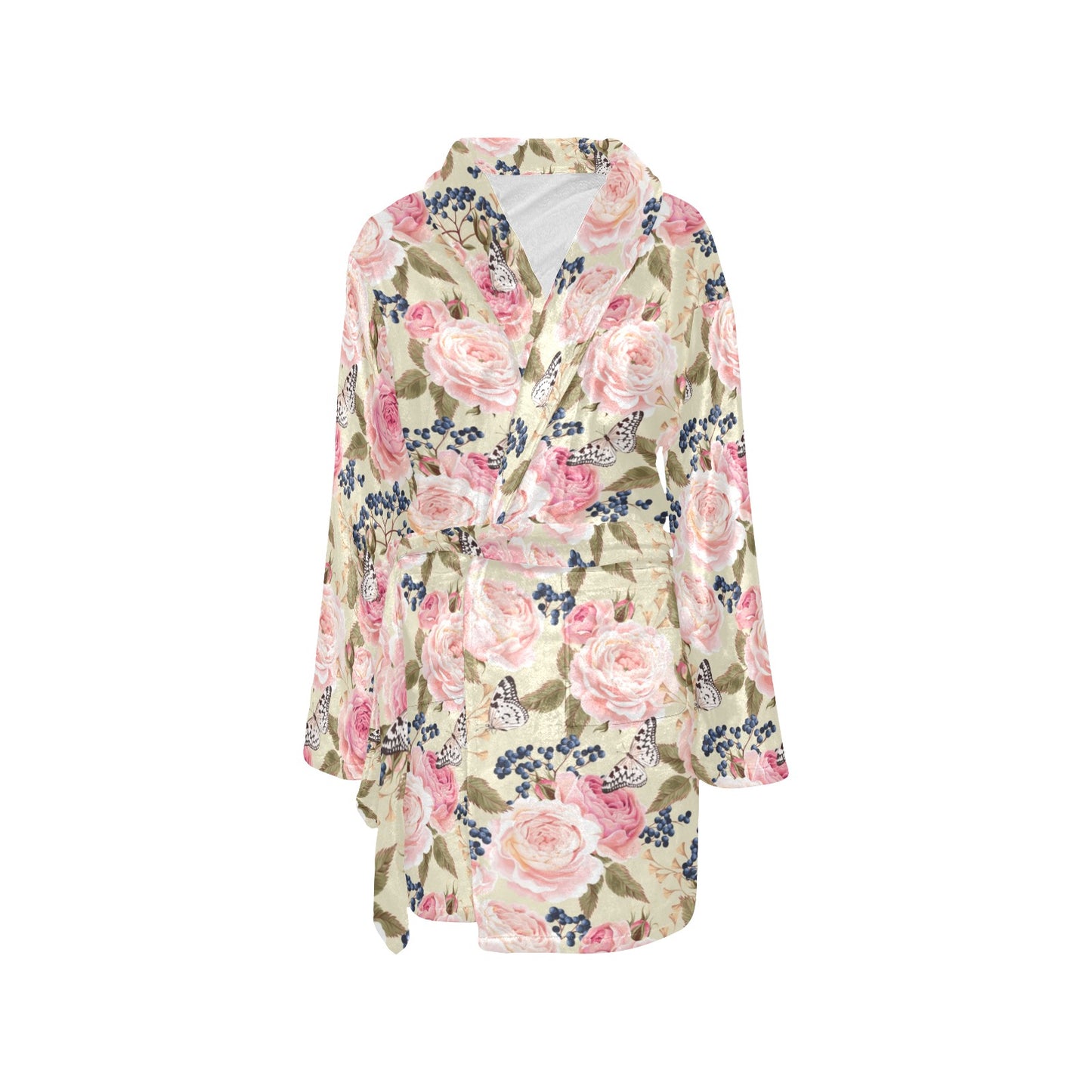 Floral Pink Butterfly Print Women's Fleece Robe