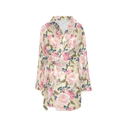 Floral Pink Butterfly Print Women's Fleece Robe