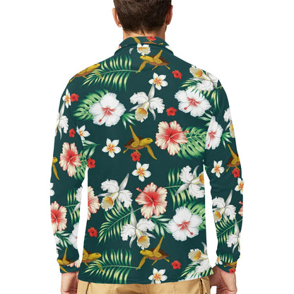 Hawaiian Flower Design with SeaTurtle Print Long Sleeve Polo Shirt For Men's