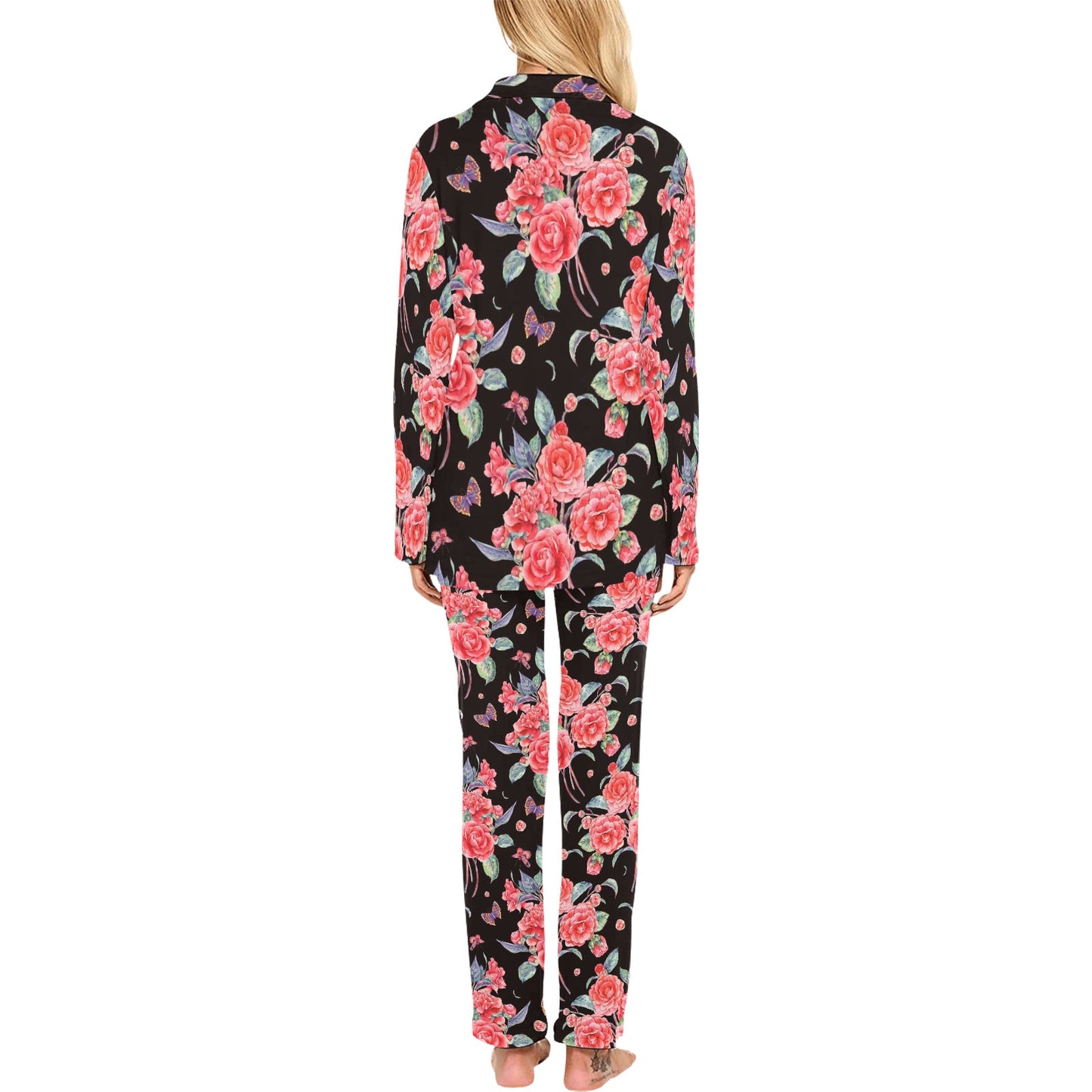 Camellia Pattern Print Design CM03 Women's Long Pajama Set
