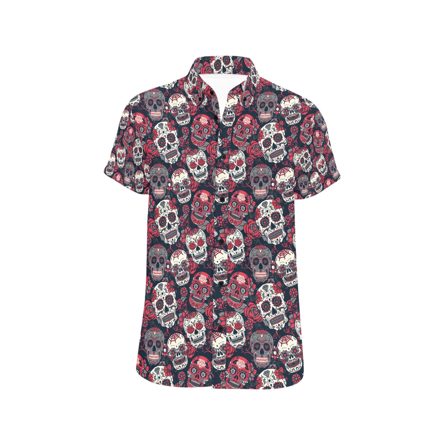 Sugar Skull Print Design LKS303 Men Short Sleeve Button Up Shirt