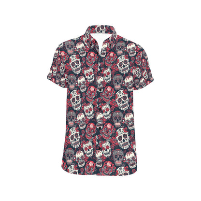 Sugar Skull Print Design LKS303 Men Short Sleeve Button Up Shirt