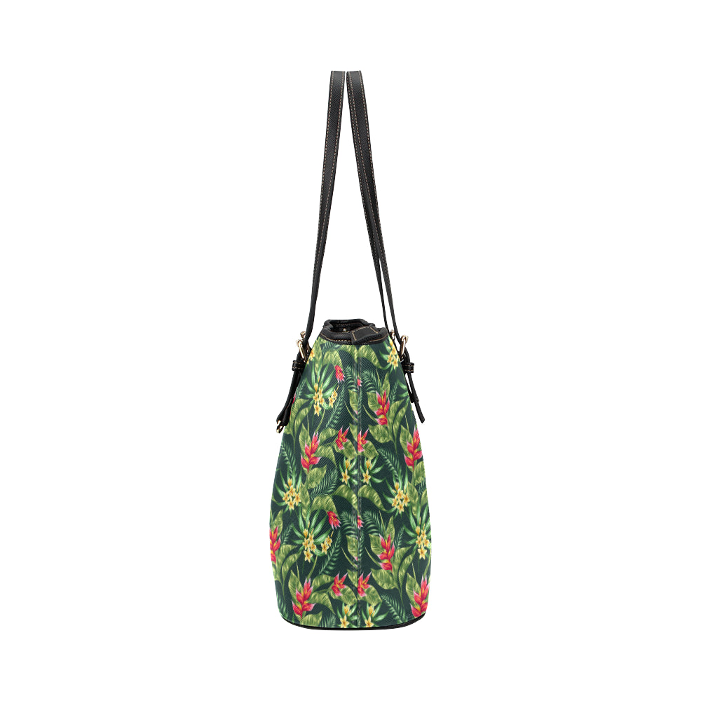 Tropical Folower Red Heliconia Print Leather Tote Bag