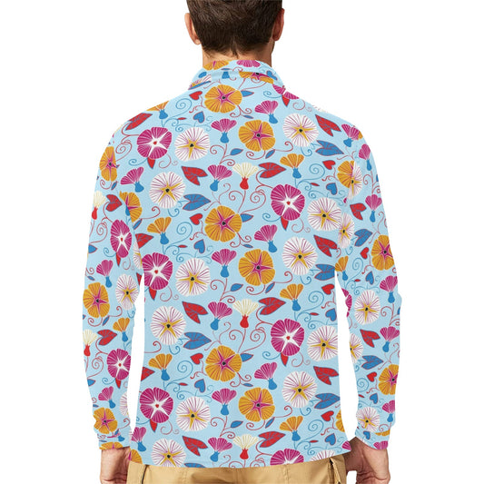 Morning Glory Pattern Print Design MG06 Long Sleeve Polo Shirt For Men's