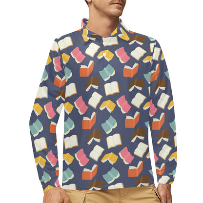 Book Pattern Print Design 01 Long Sleeve Polo Shirt For Men's
