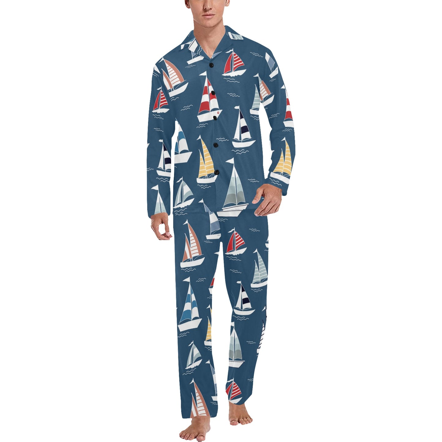 Sailing Ships Pattern Print Design A04 Men's Long Pajama Set