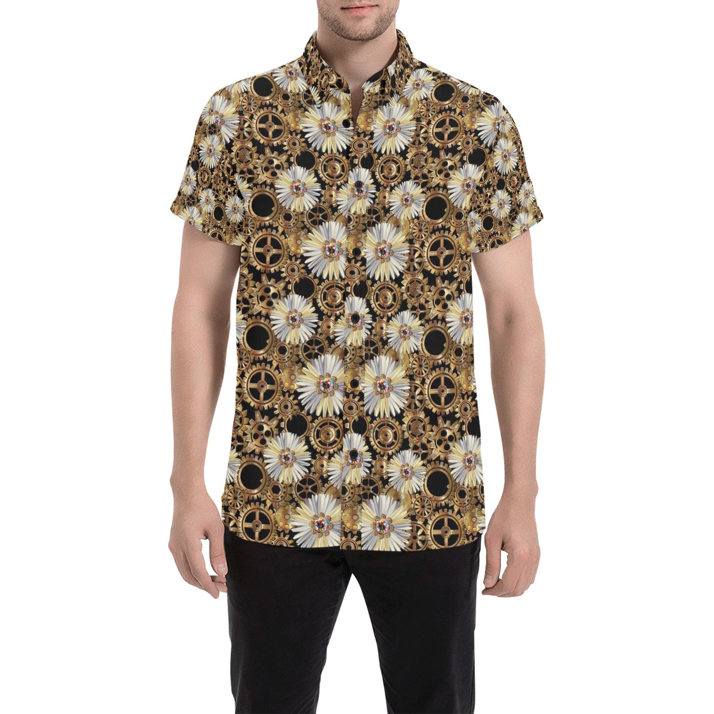 Steampunk Print Design LKS305 Men Short Sleeve Button Up Shirt