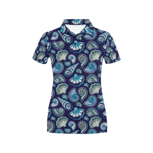 Beach Seashell Blue Print Women's Polo Shirt