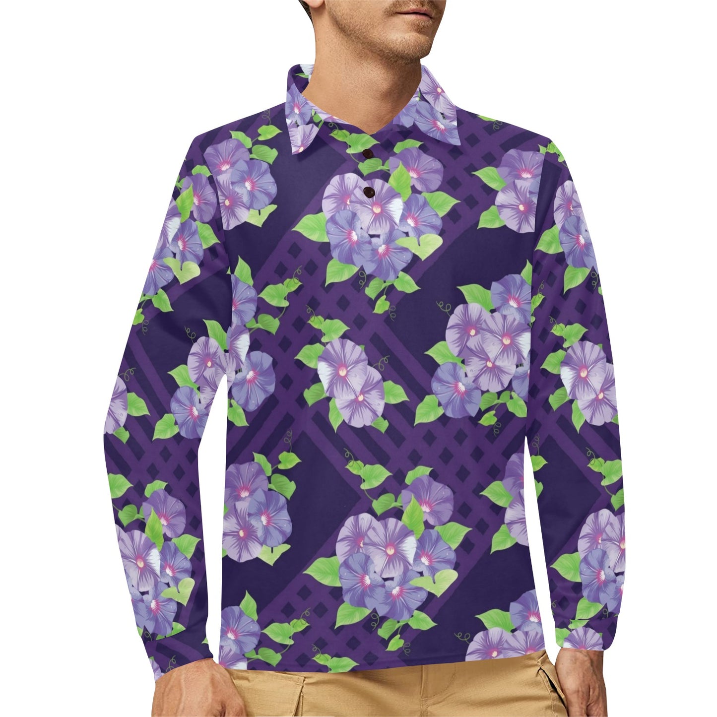 Morning Glory Pattern Print Design MG03 Long Sleeve Polo Shirt For Men's