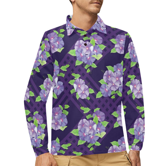 Morning Glory Pattern Print Design MG03 Long Sleeve Polo Shirt For Men's