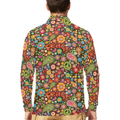 Flower Power Peace Paisley Themed Print Long Sleeve Polo Shirt For Men's