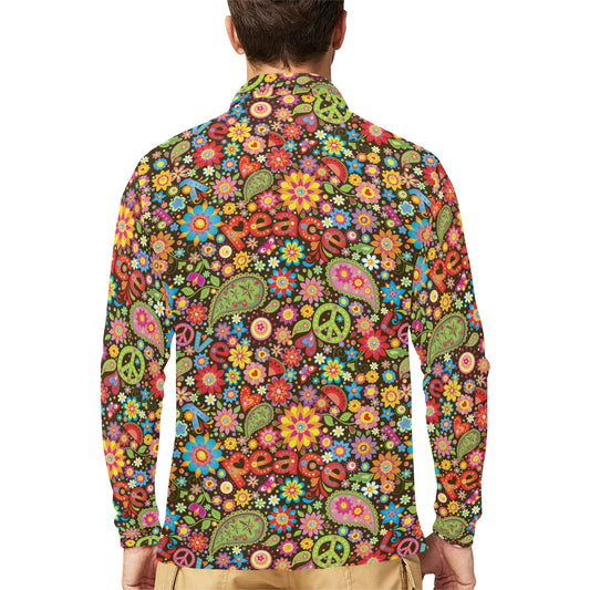 Flower Power Peace Paisley Themed Print Long Sleeve Polo Shirt For Men's