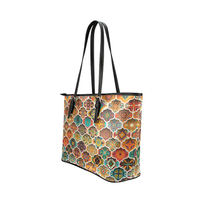 Mandala Mosaic Themed Design Print Leather Tote Bag