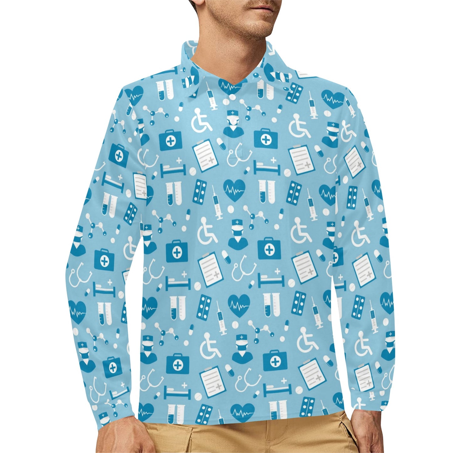 Medical Pattern Print Design 05 Long Sleeve Polo Shirt For Men's