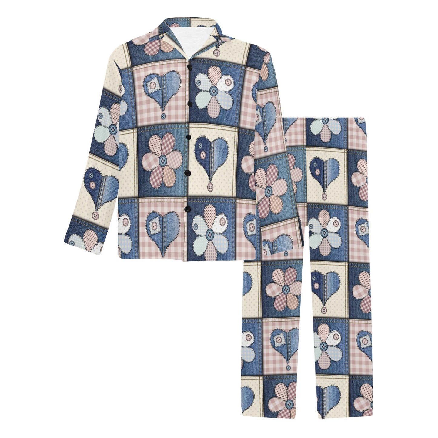 Patchwork Heart Flower Pattern Print Design 01 Men's Long Pajama Set