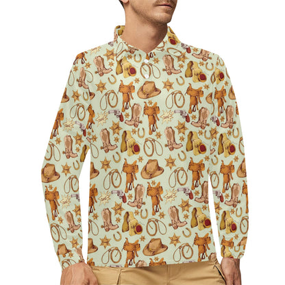 Western Cowboy Design Pattern Long Sleeve Polo Shirt For Men's