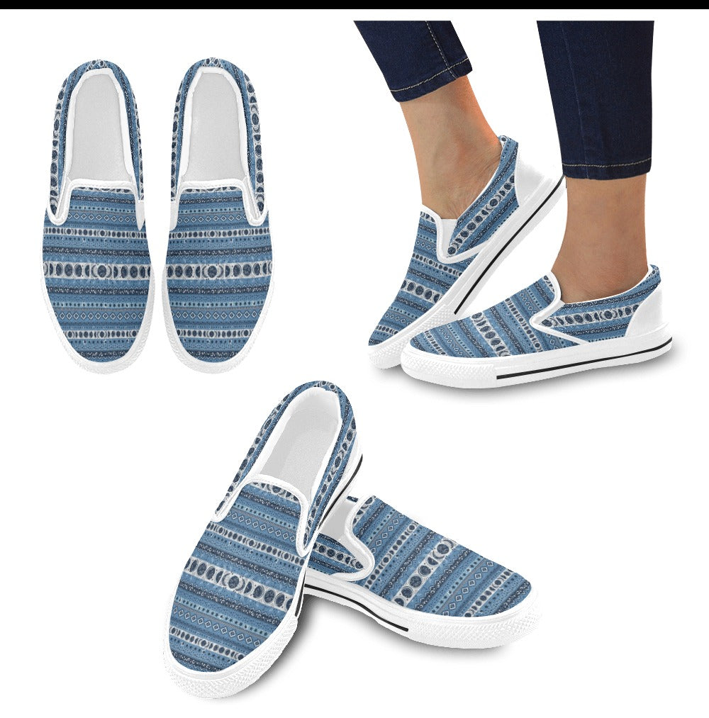 Sun Moon Pattern Print Design LKS306 White Slip Ons Canvas Women's Shoes