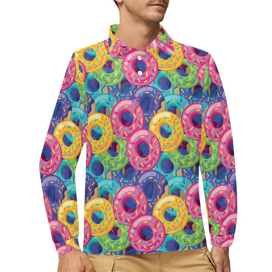 Donut Pattern Print Design DN010 Long Sleeve Polo Shirt For Men's