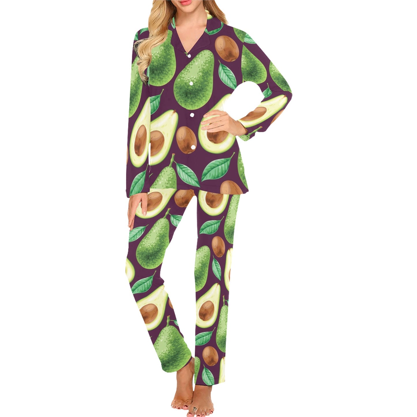 Avocado Pattern Print Design AC08 Women's Long Pajama Set