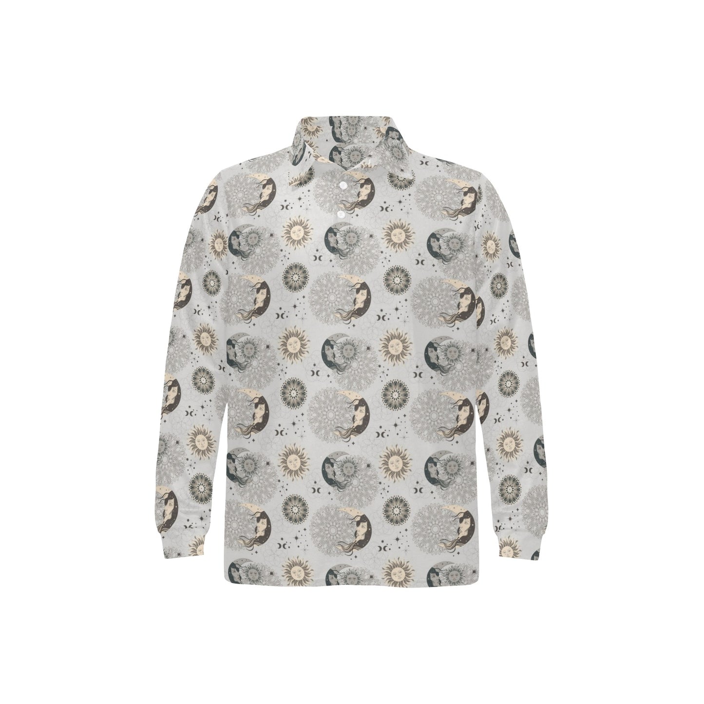 Sun Moon Print Design LKS302 Long Sleeve Polo Shirt For Men's