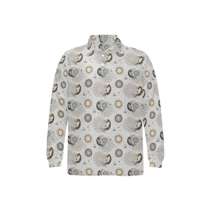 Sun Moon Print Design LKS302 Long Sleeve Polo Shirt For Men's