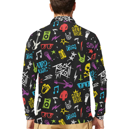 Rock and Roll Pattern Print Design A02 Long Sleeve Polo Shirt For Men's