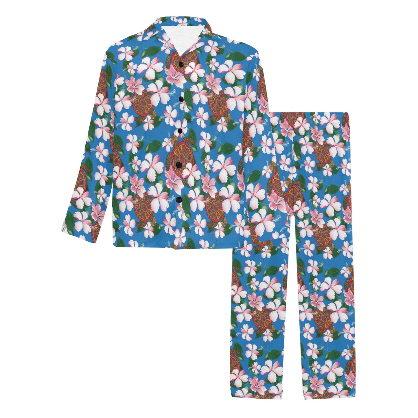 Sea Turtle Pink Hibiscus Hawaiian Print Men's Long Pajama Set