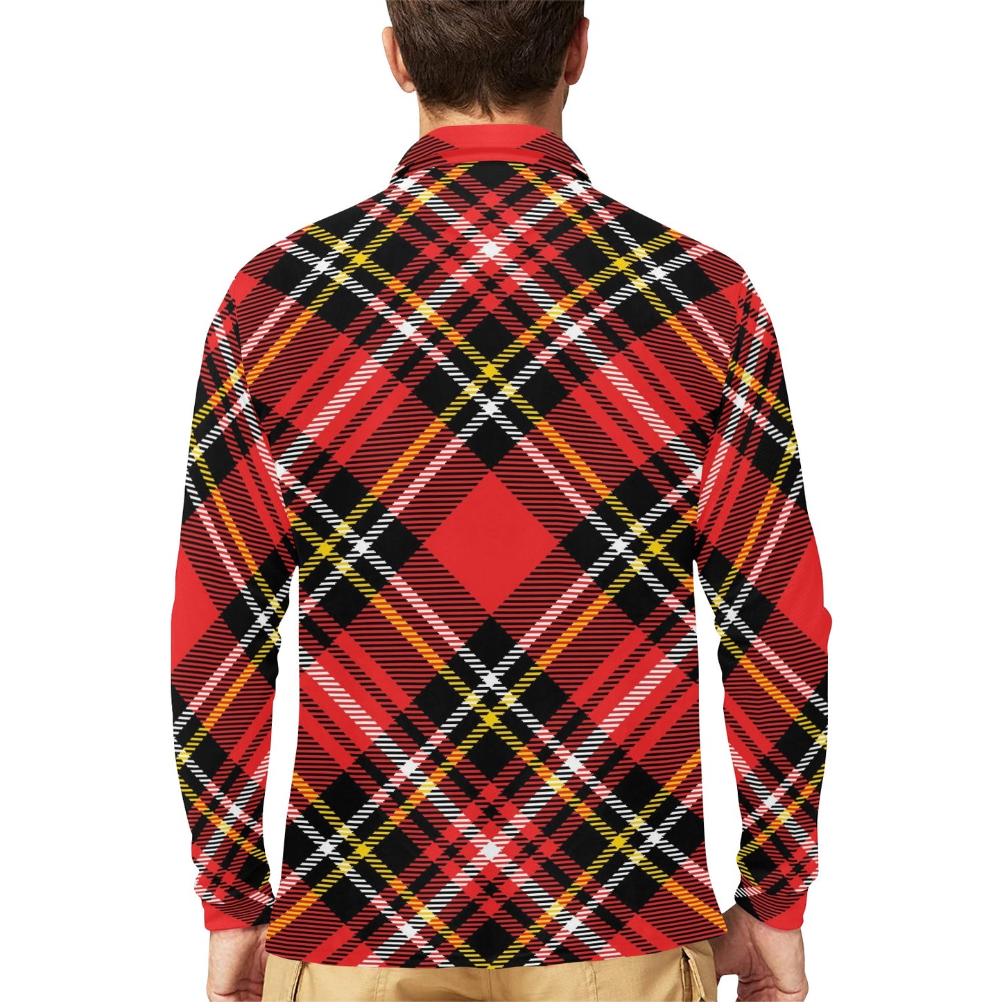 Plaid Red Pattern Print Design A03 Long Sleeve Polo Shirt For Men's