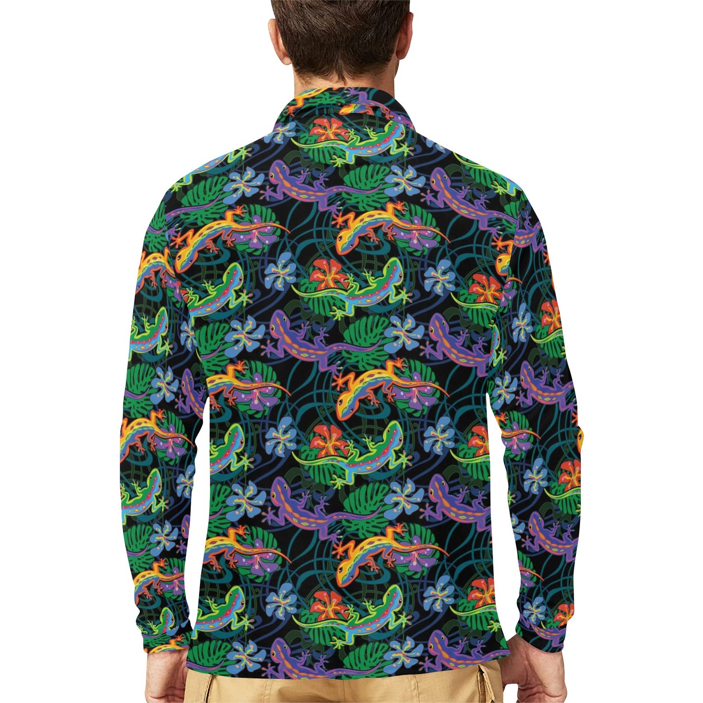 Gecko Colorful Pattern Print Design 01 Long Sleeve Polo Shirt For Men's