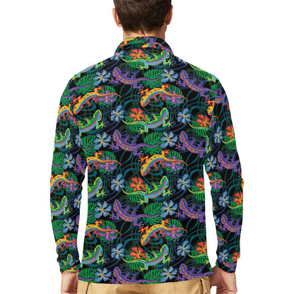Gecko Colorful Pattern Print Design 01 Long Sleeve Polo Shirt For Men's