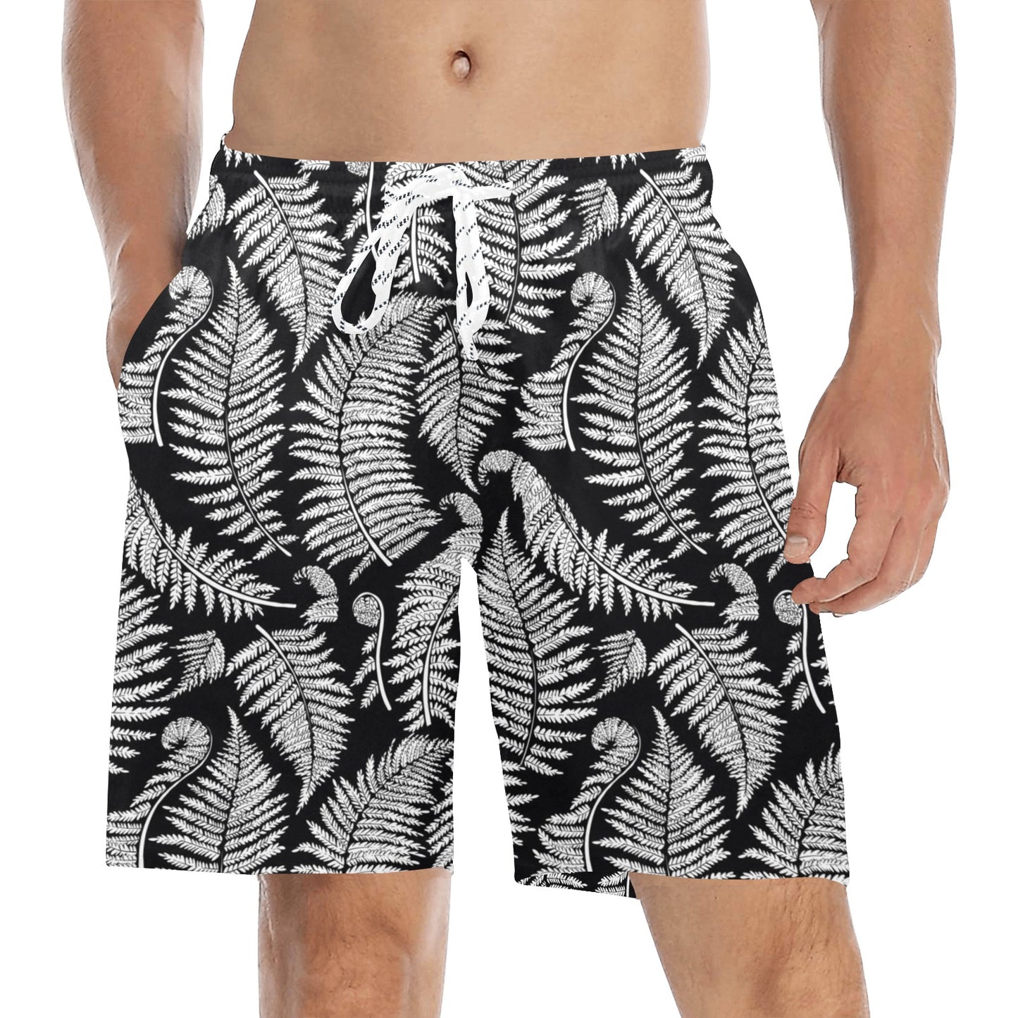 Fern Leave Black White Print Pattern Men's Swim Trunks Beach Shorts