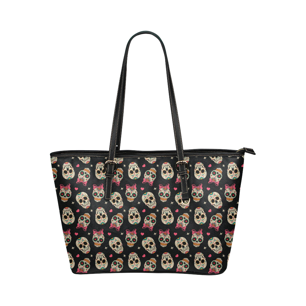 Sugar Skull Pink Bow Themed Print Leather Tote Bag