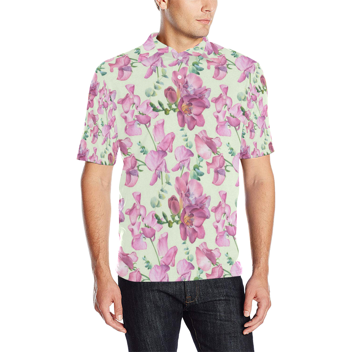 Peony Pattern Print Design PE011 Men Polo Shirt