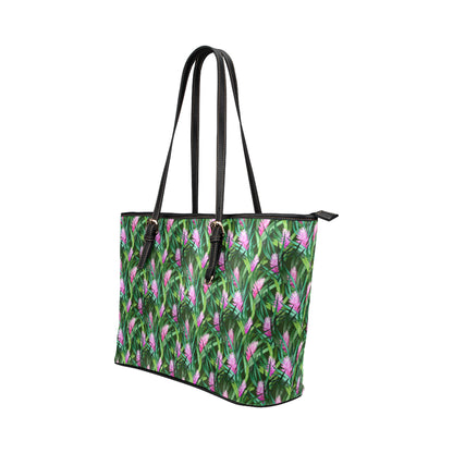 Tropical Folower Pink Heliconia Print Leather Tote Bag