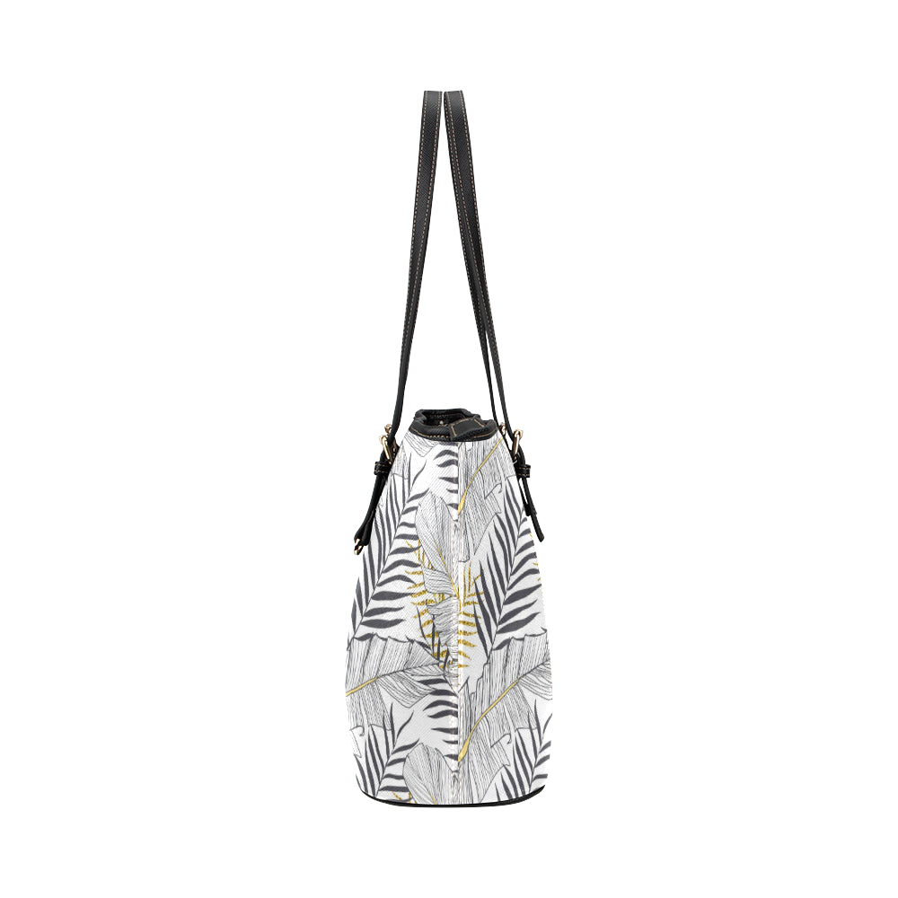 Gold Glitter Tropical Palm Leaves Leather Tote Bag