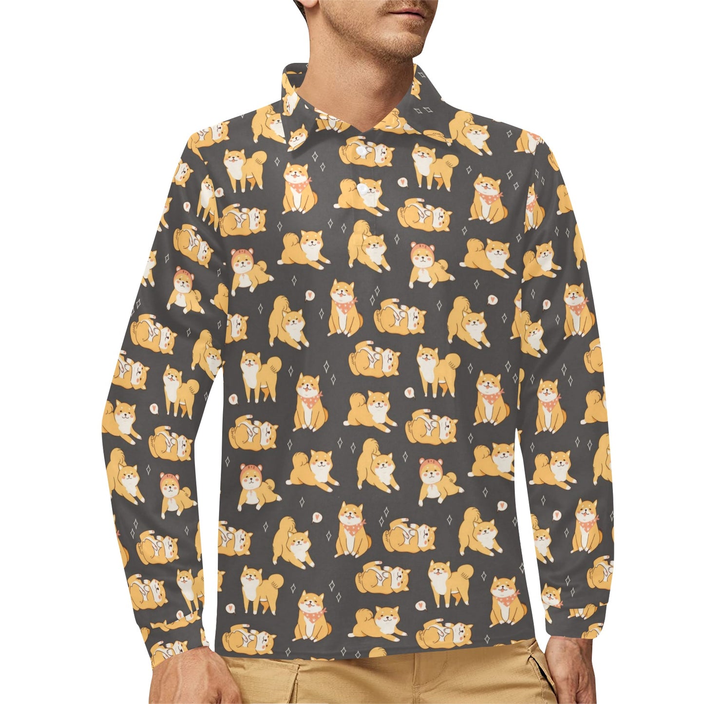 Shiba Inu Print Design LKS309 Long Sleeve Polo Shirt For Men's