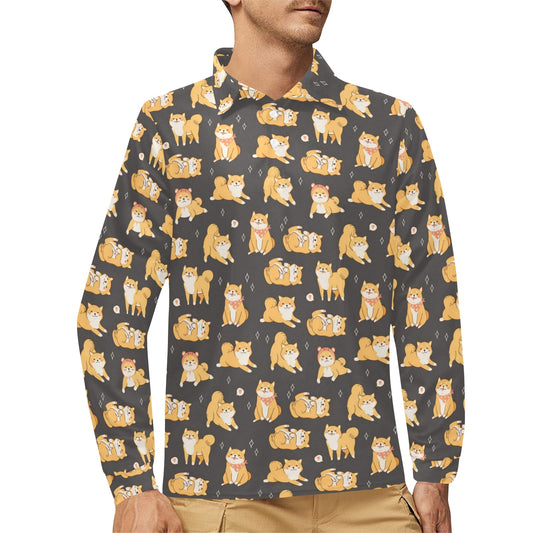Shiba Inu Print Design LKS309 Long Sleeve Polo Shirt For Men's