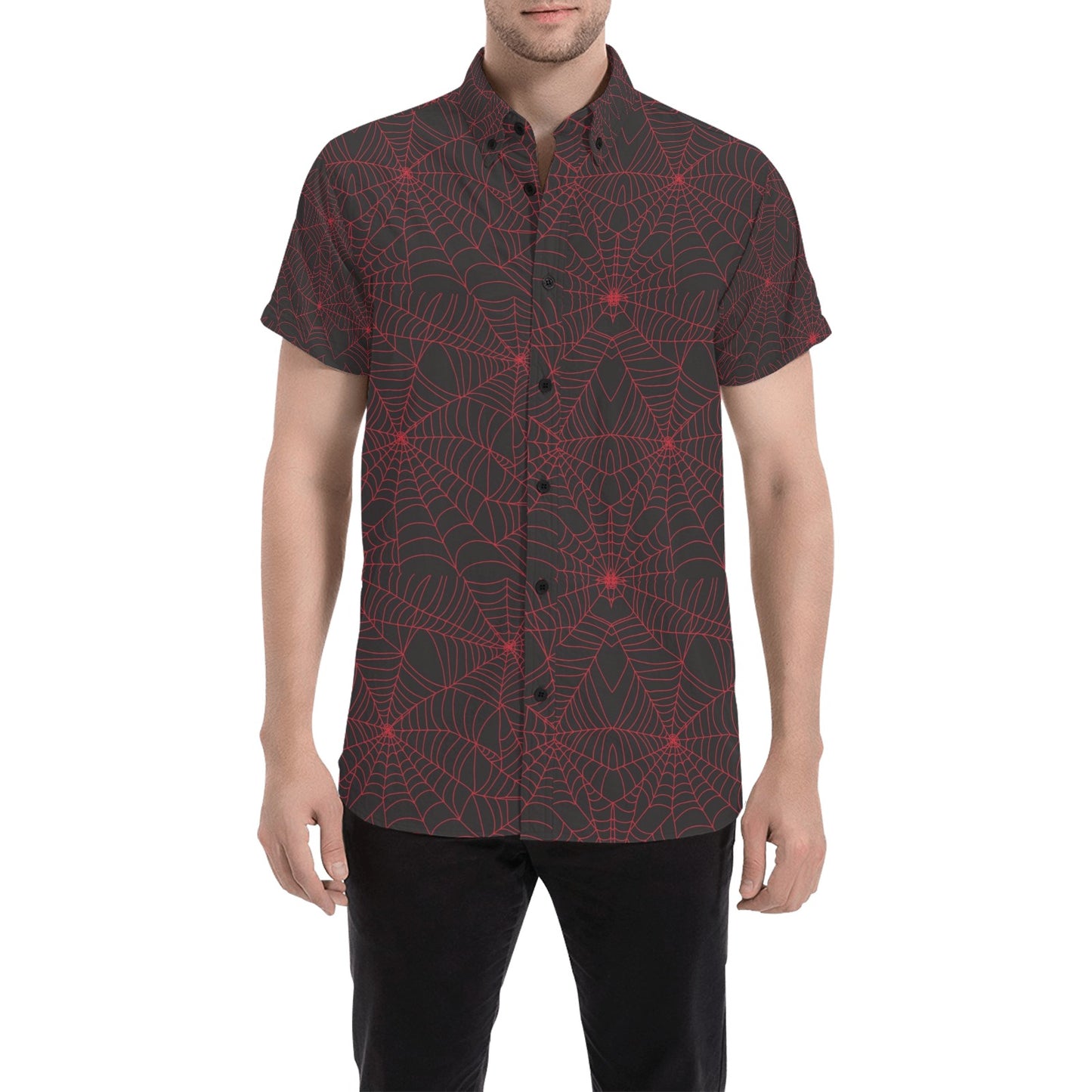 Spider Web Red Print Design LKS302 Men Short Sleeve Button Up Shirt