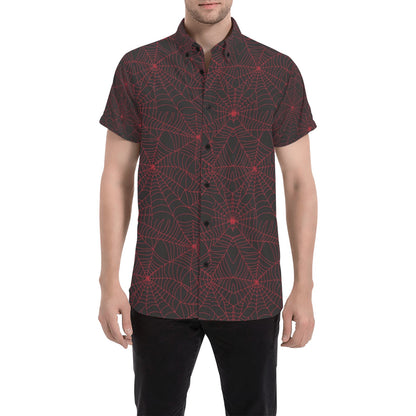 Spider Web Red Print Design LKS302 Men Short Sleeve Button Up Shirt