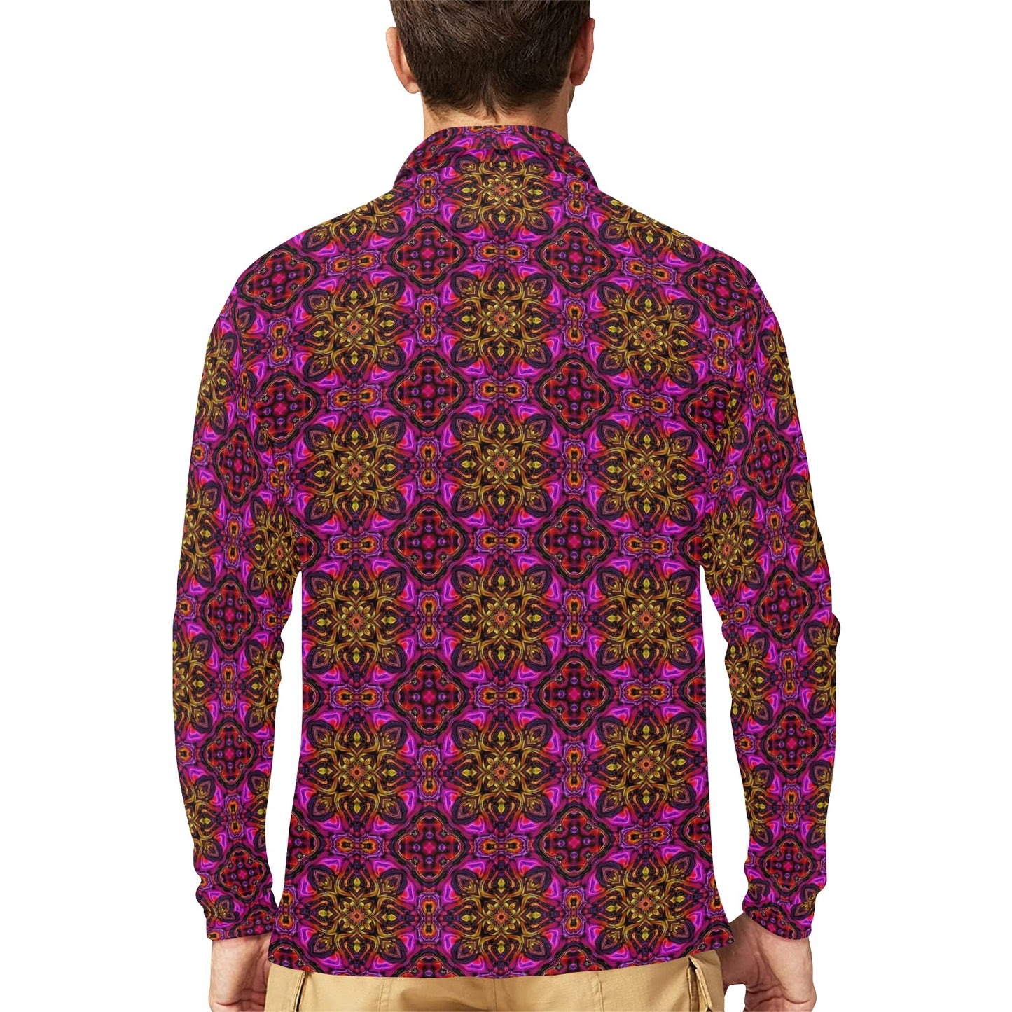 kaleidoscope Abstract Print Design Long Sleeve Polo Shirt For Men's