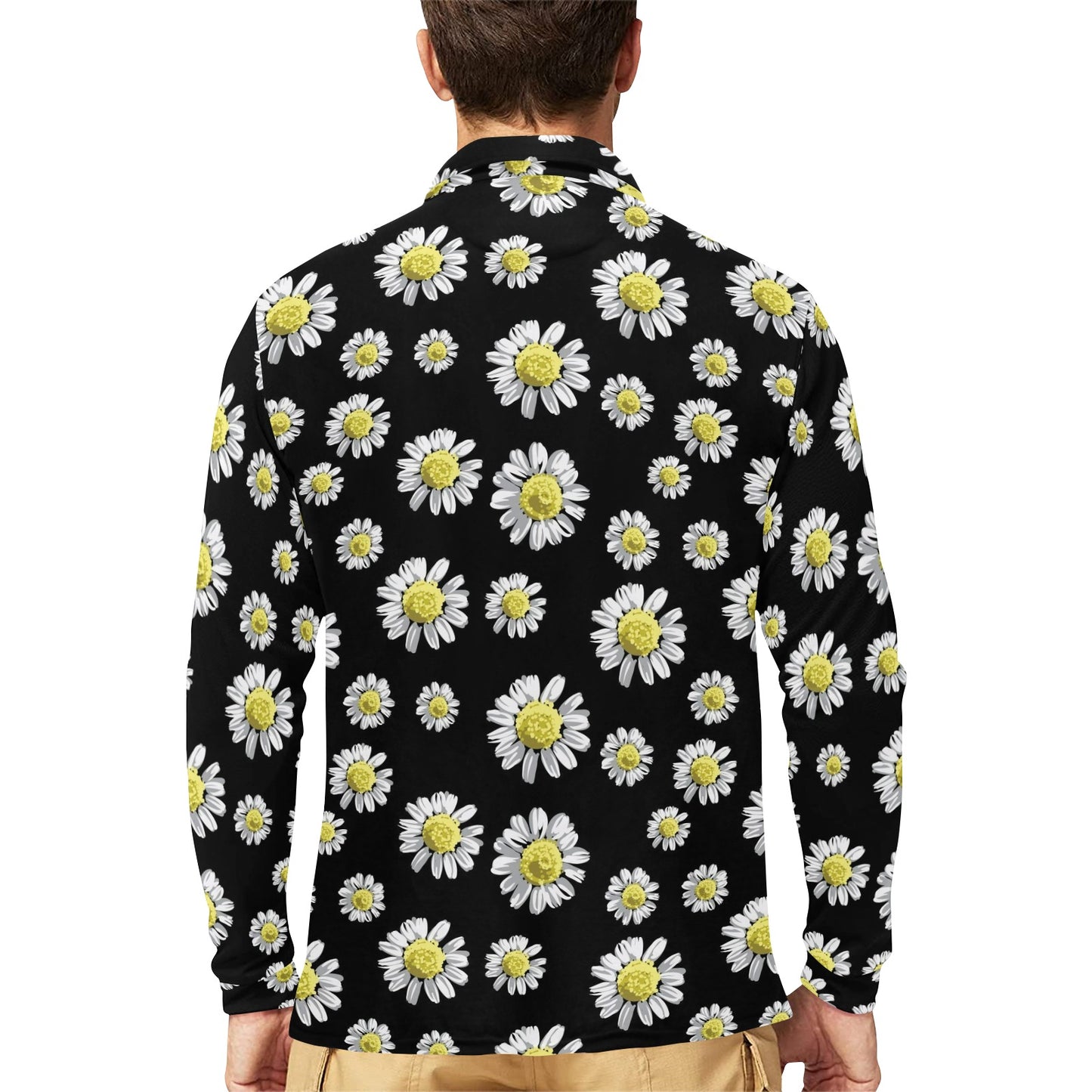 Daisy Pattern Print Design DS01 Long Sleeve Polo Shirt For Men's