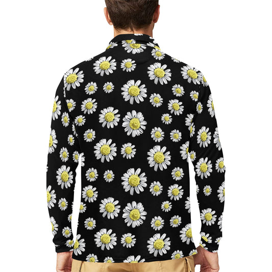 Daisy Pattern Print Design DS01 Long Sleeve Polo Shirt For Men's