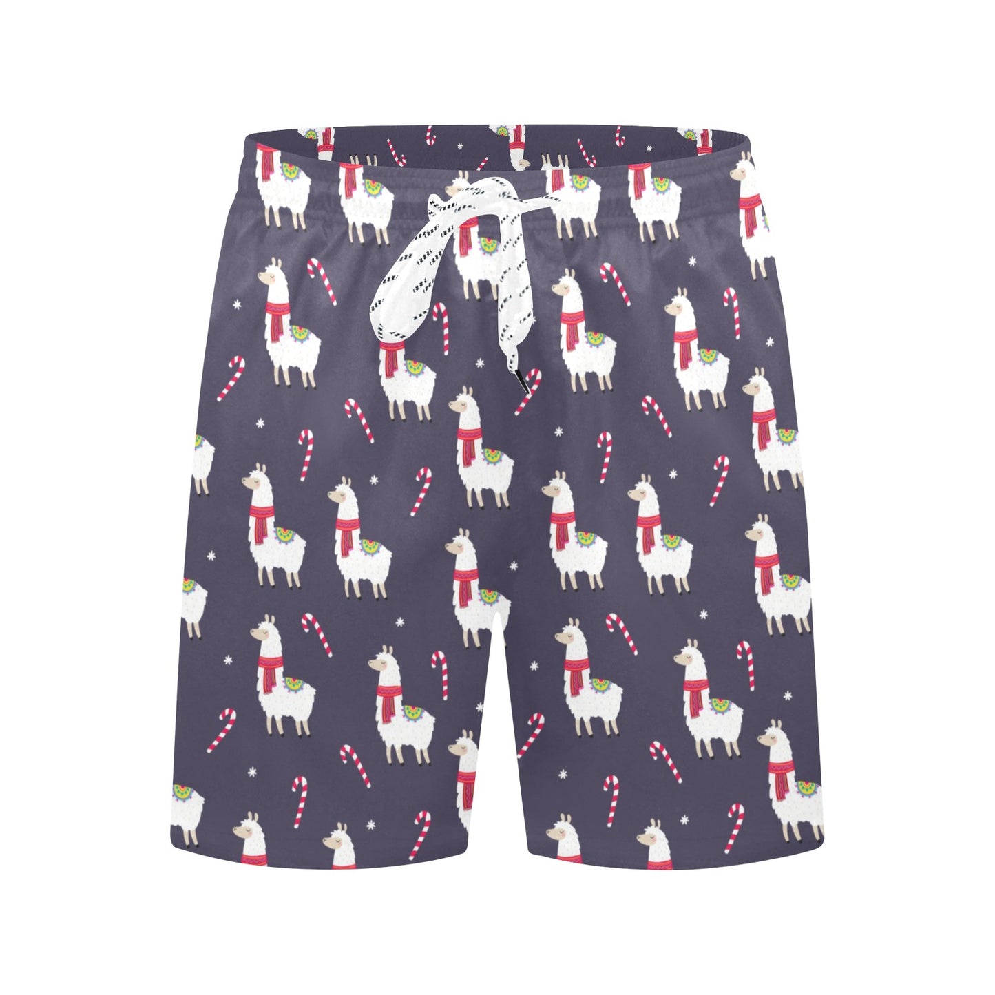Llama with Candy Cane Themed Print Men's Swim Trunks Beach Shorts