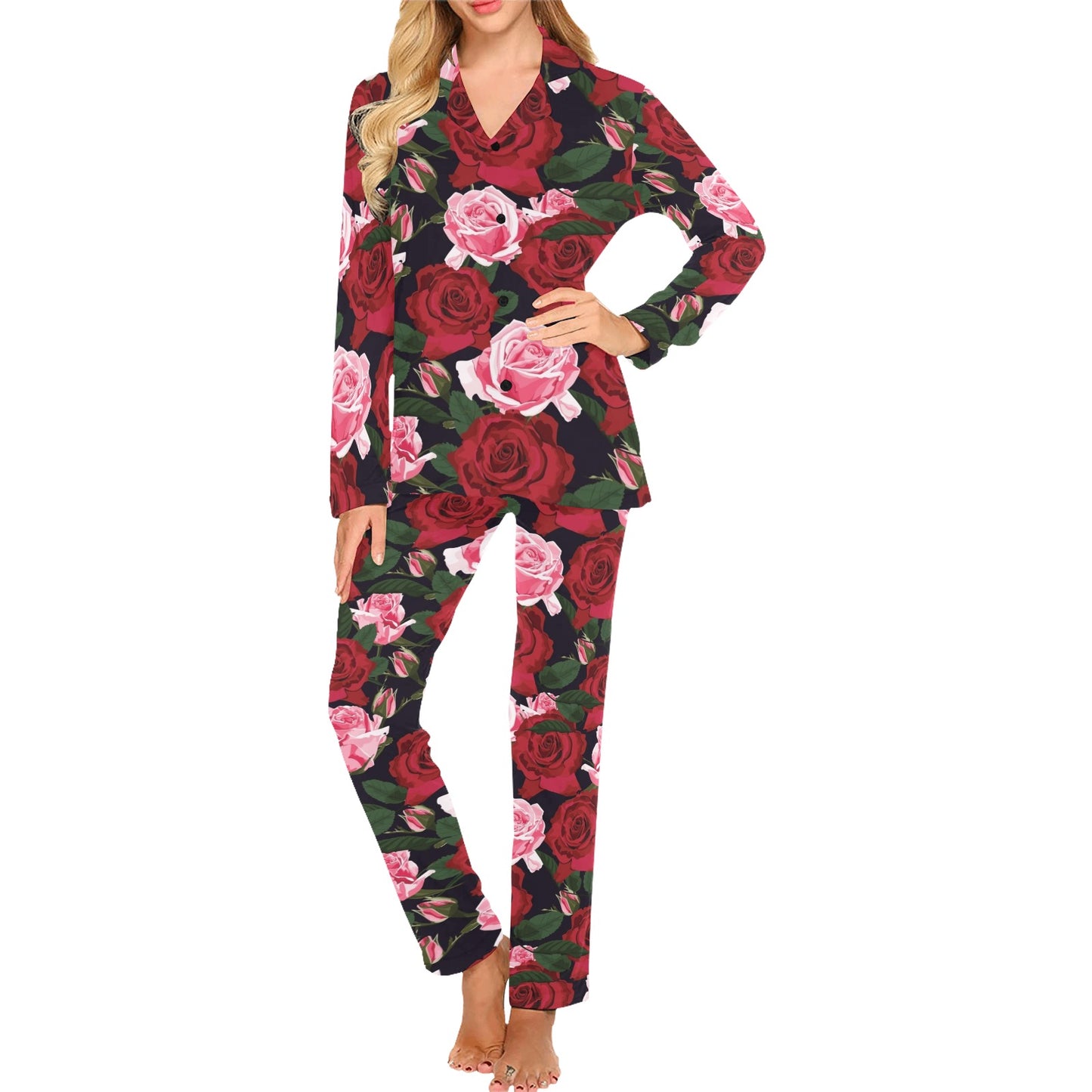 Rose Red Pink Pattern Print Design RO01 Women's Long Pajama Set