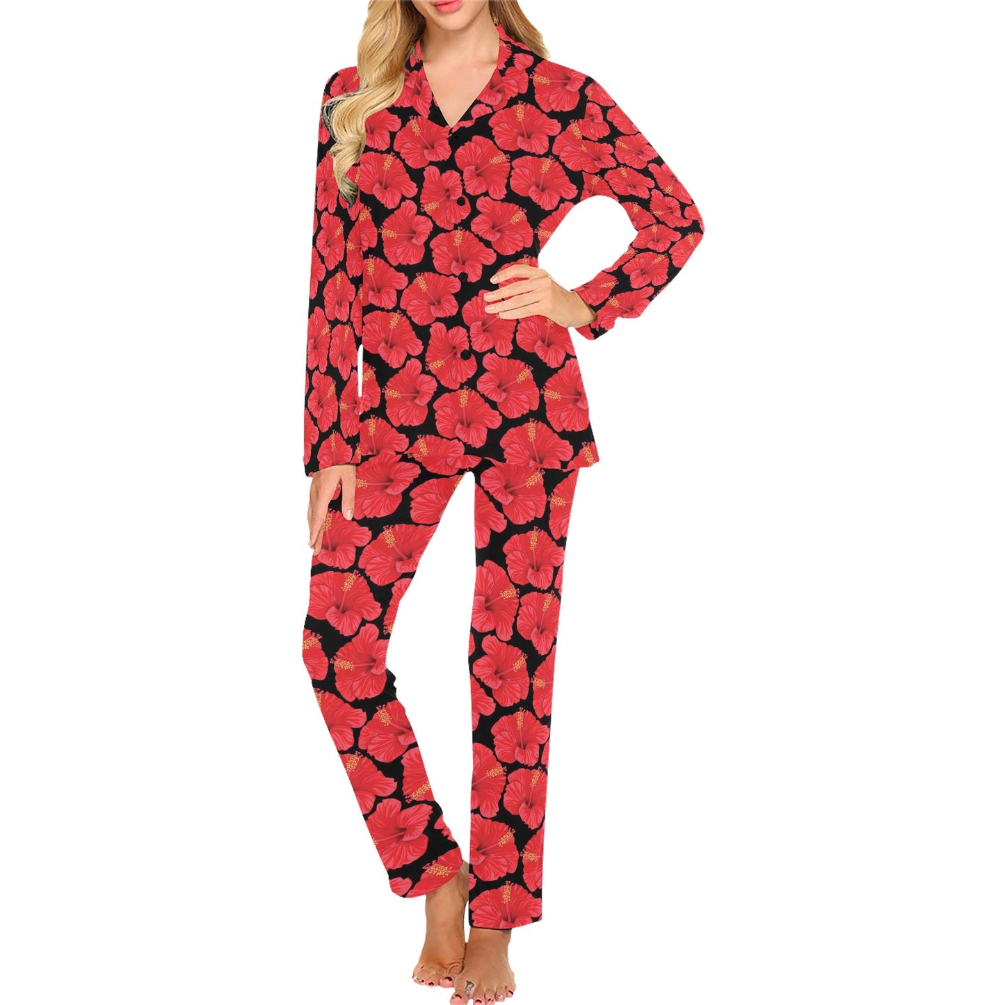 Hibiscus Red Pattern Print Design LKS306 Women's Long Pajama Set