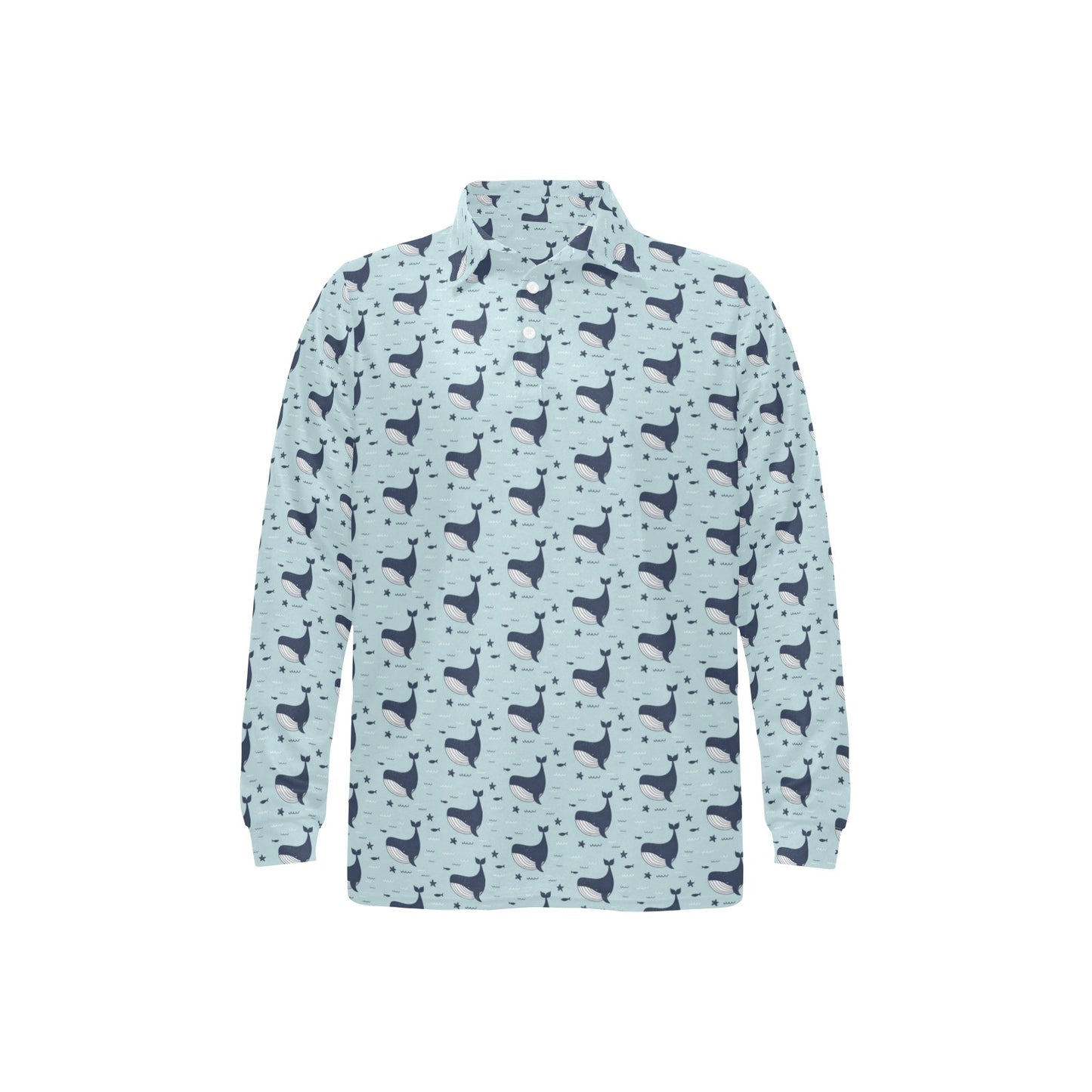 Whale Cute Design Themed Print Long Sleeve Polo Shirt For Men's