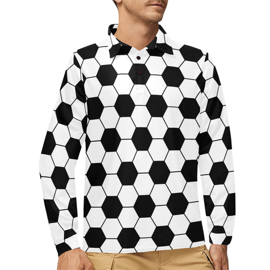 Soccer Ball Texture Print Design LKS303 Long Sleeve Polo Shirt For Men's