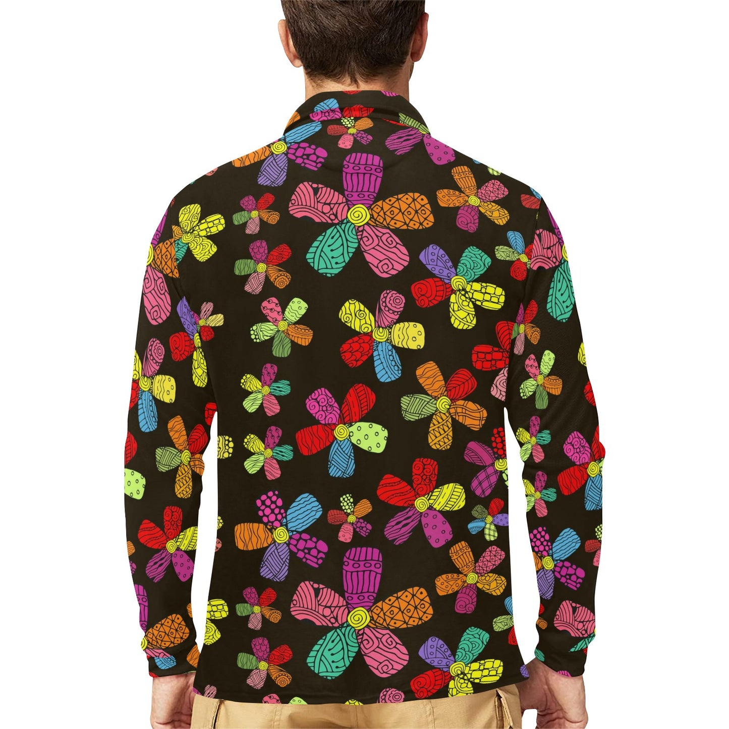 Flower Power Colorful Print Pattern Long Sleeve Polo Shirt For Men's