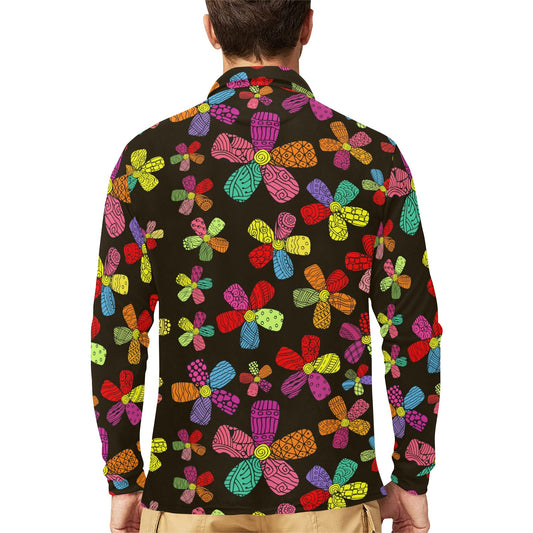 Flower Power Colorful Print Pattern Long Sleeve Polo Shirt For Men's